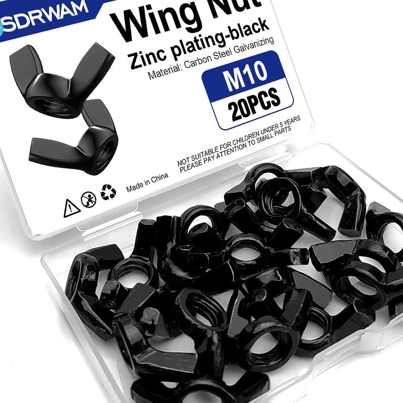 Usdrwam 20PCS M10 Metric Wing Nuts kit, Zinc Plating-Black Wing Nuts Butterfly Fasteners, Hand Twist Tighten Ear Butterfly Nut Kitfor Easy Assembly and Secure Fit Furniture - Image 1